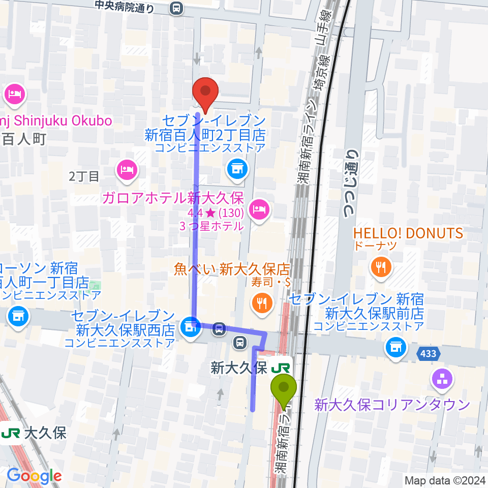 管楽器専門店ダクの最寄駅新大久保駅からの徒歩ルート（約5分）地図