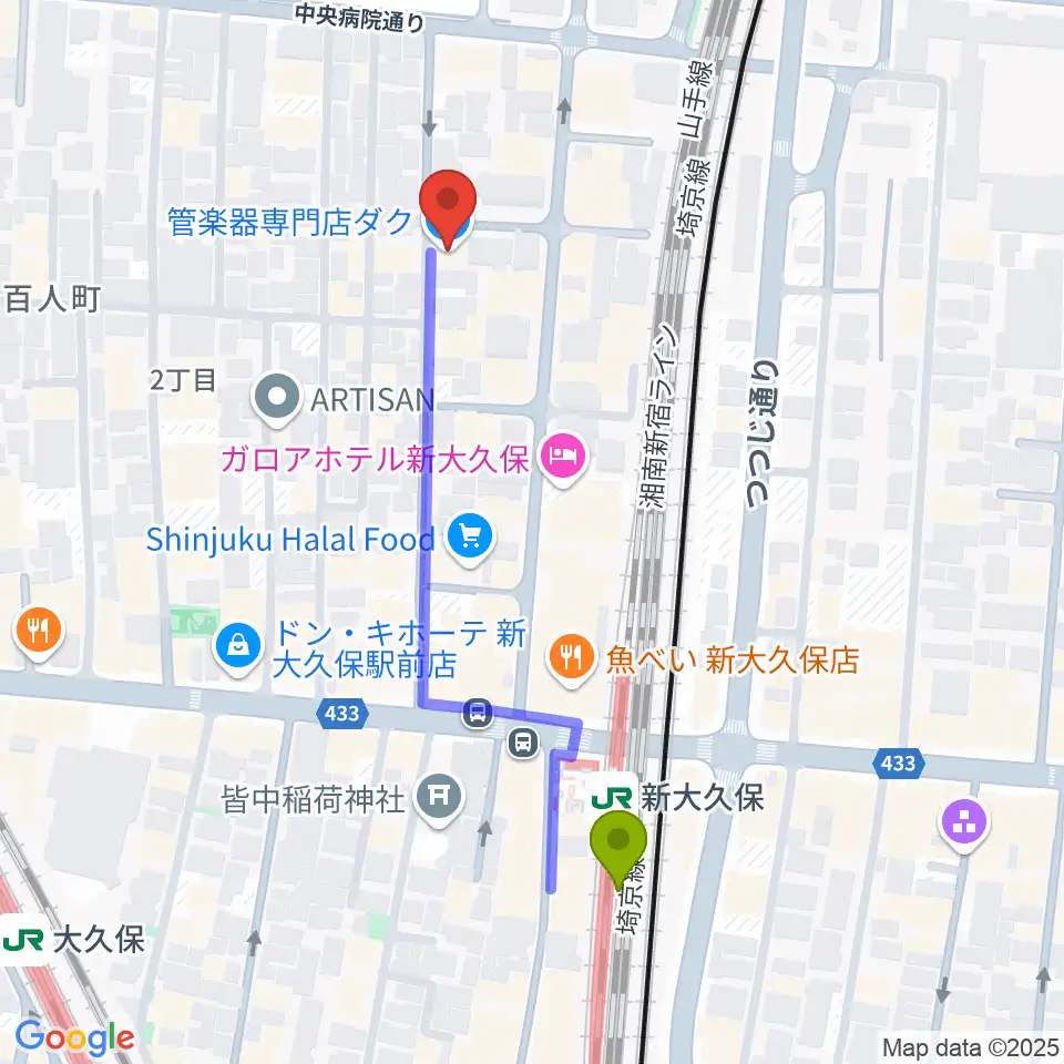 管楽器専門店ダクの最寄駅新大久保駅からの徒歩ルート（約5分）地図