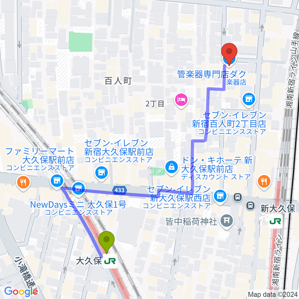 大久保駅から管楽器専門店ダクへのルートマップ地図