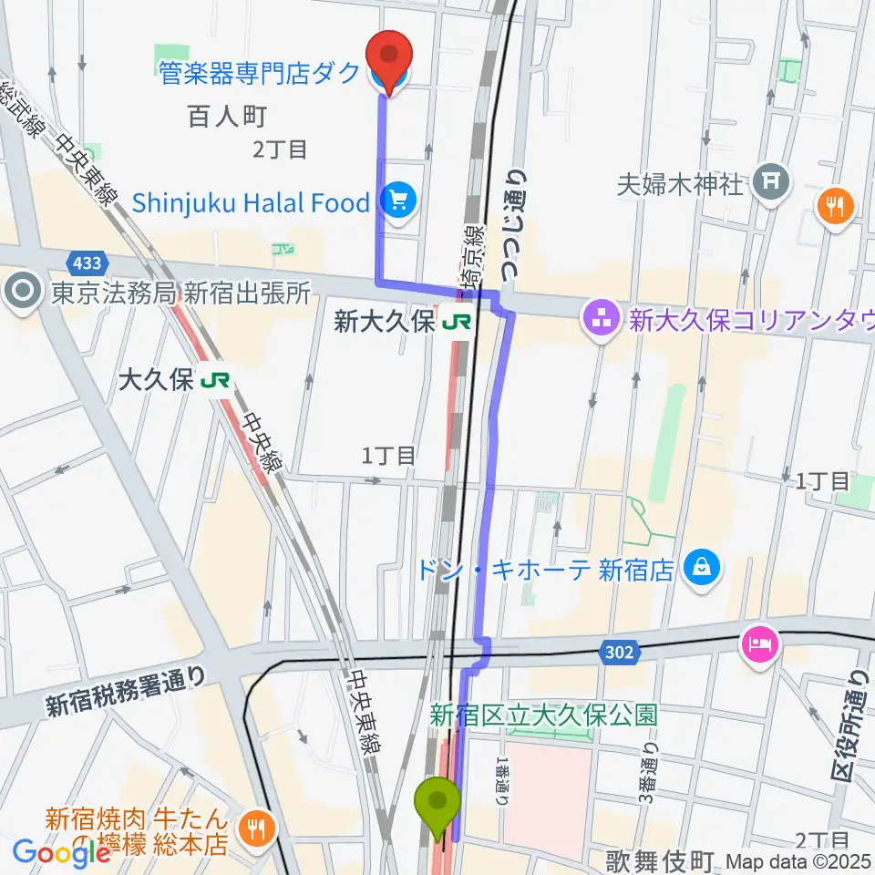 西武新宿駅から管楽器専門店ダクへのルートマップ地図