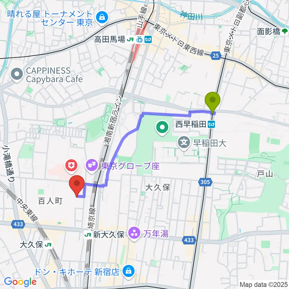西早稲田駅から管楽器専門店ダクへのルートマップ地図