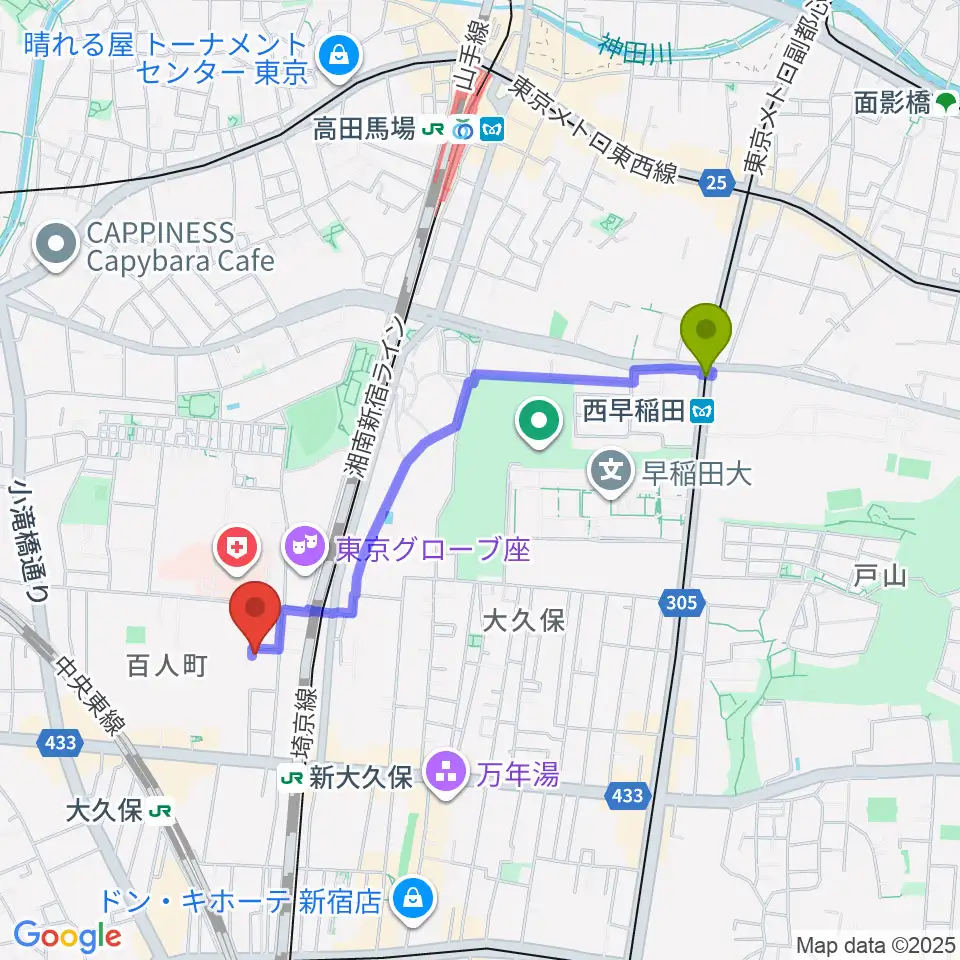 西早稲田駅から管楽器専門店ダクへのルートマップ地図