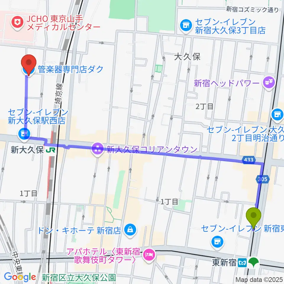 東新宿駅から管楽器専門店ダクへのルートマップ地図