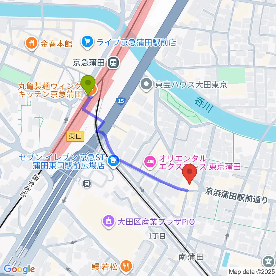 ジョイブラスの最寄駅京急蒲田駅からの徒歩ルート（約4分）地図