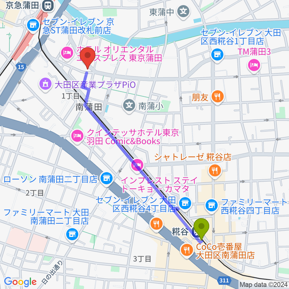 糀谷駅からジョイブラスへのルートマップ地図