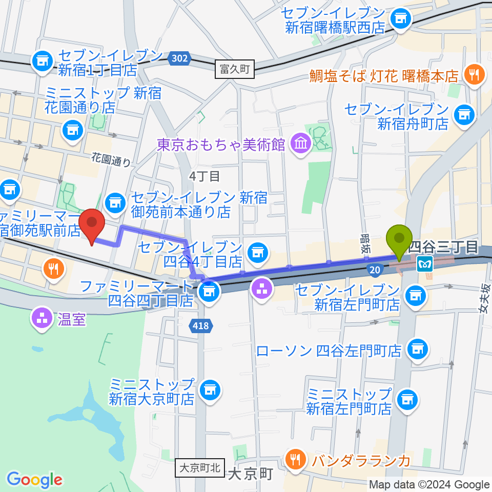 四谷三丁目駅から輸入ピアノ.com byカモシタピアノへのルートマップ地図