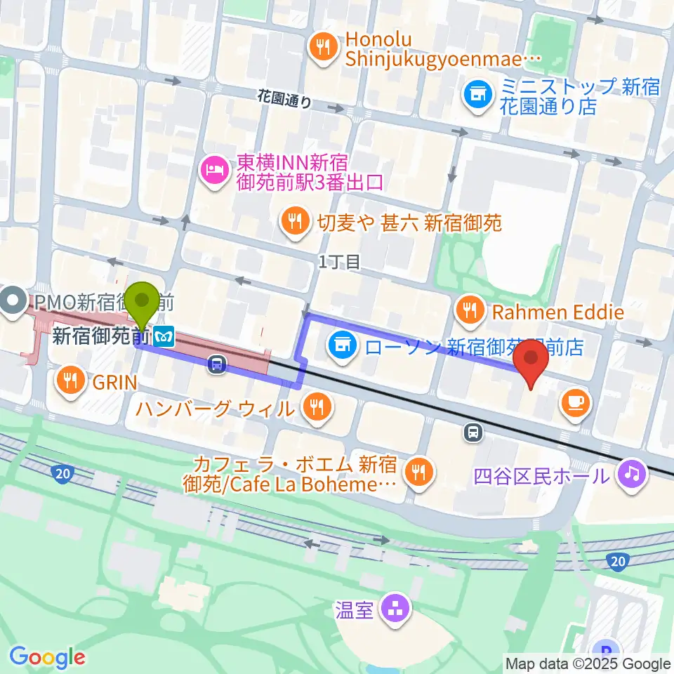 輸入ピアノ.com byカモシタピアノの最寄駅新宿御苑前駅からの徒歩ルート（約5分）地図