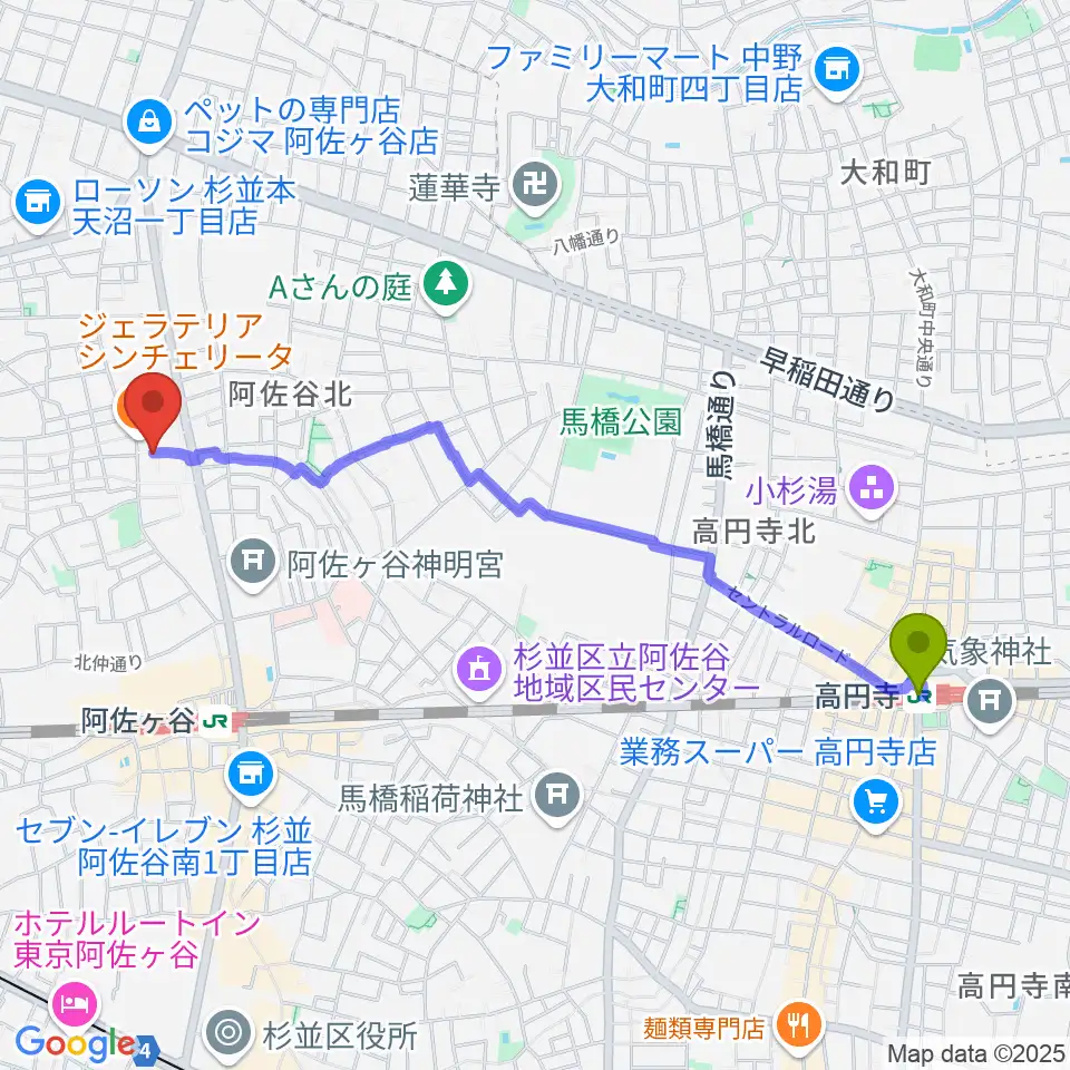 高円寺駅からヒストリークギターズへのルートマップ地図