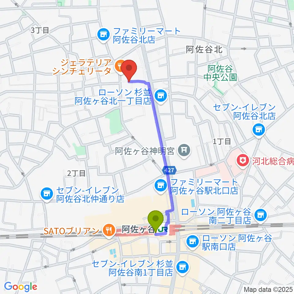 ヒストリークギターズの最寄駅阿佐ケ谷駅からの徒歩ルート（約8分）地図