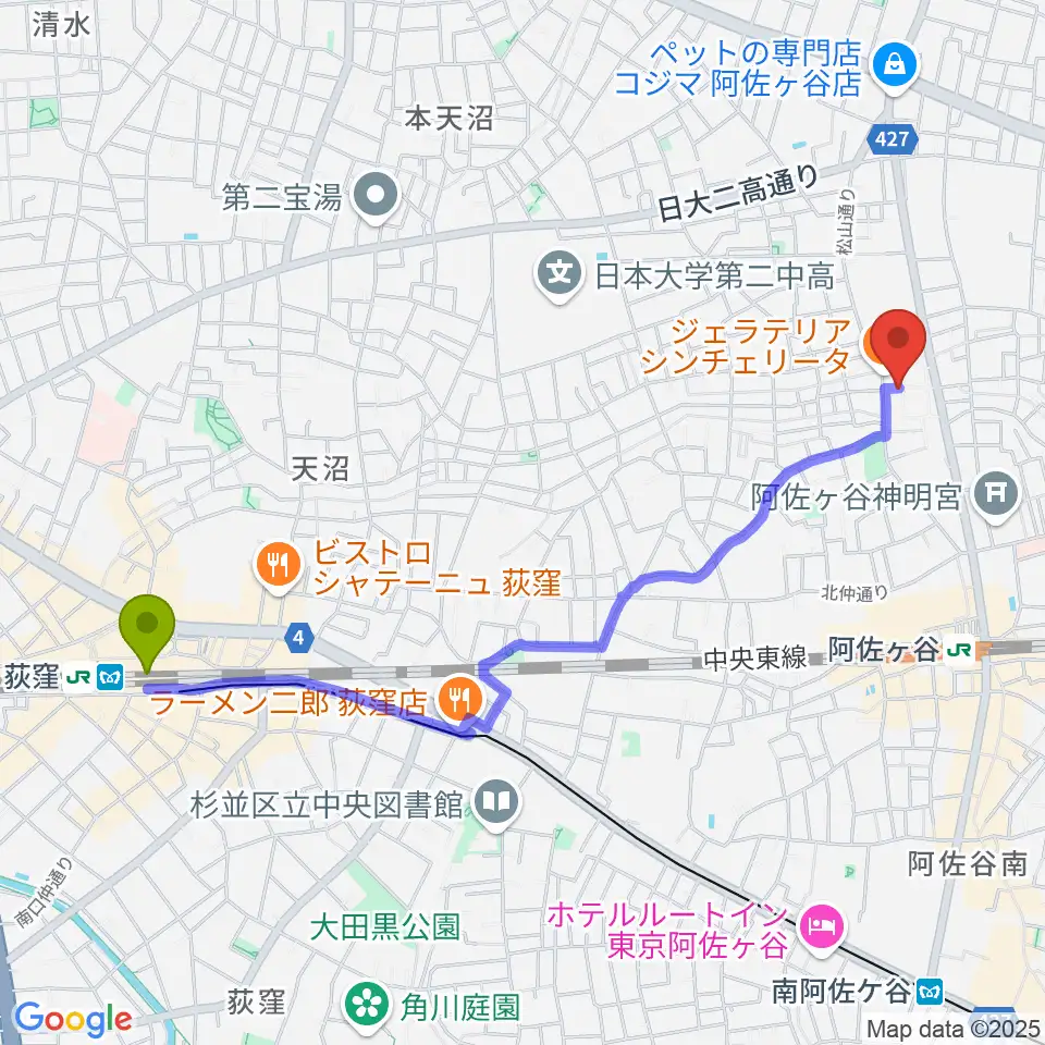 荻窪駅からヒストリークギターズへのルートマップ地図