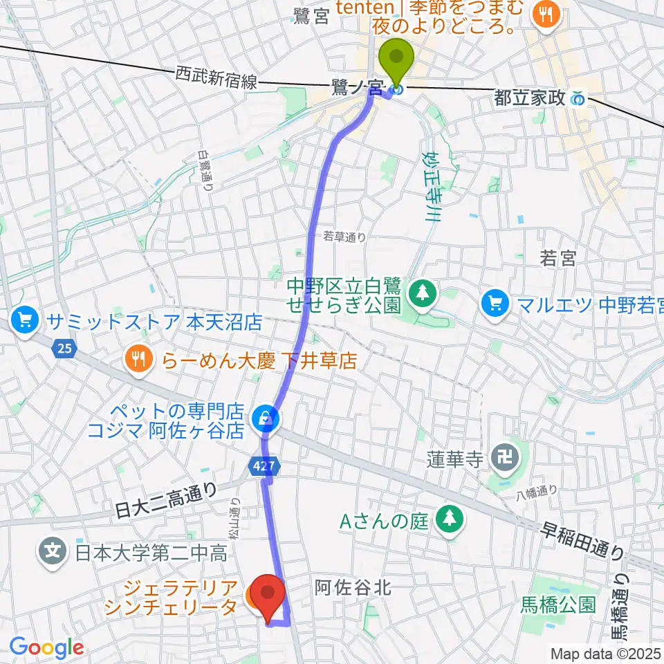 鷺ノ宮駅からヒストリークギターズへのルートマップ地図