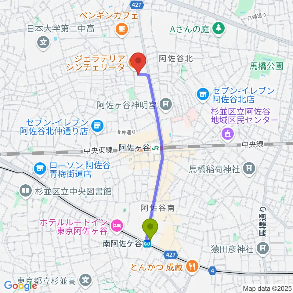 南阿佐ケ谷駅からヒストリークギターズへのルートマップ地図