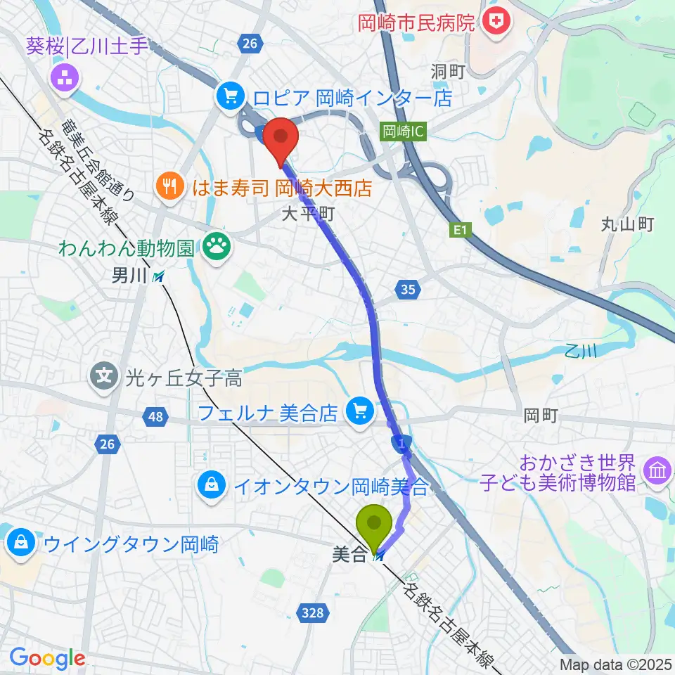美合駅からグランドギャラリー本社へのルートマップ地図