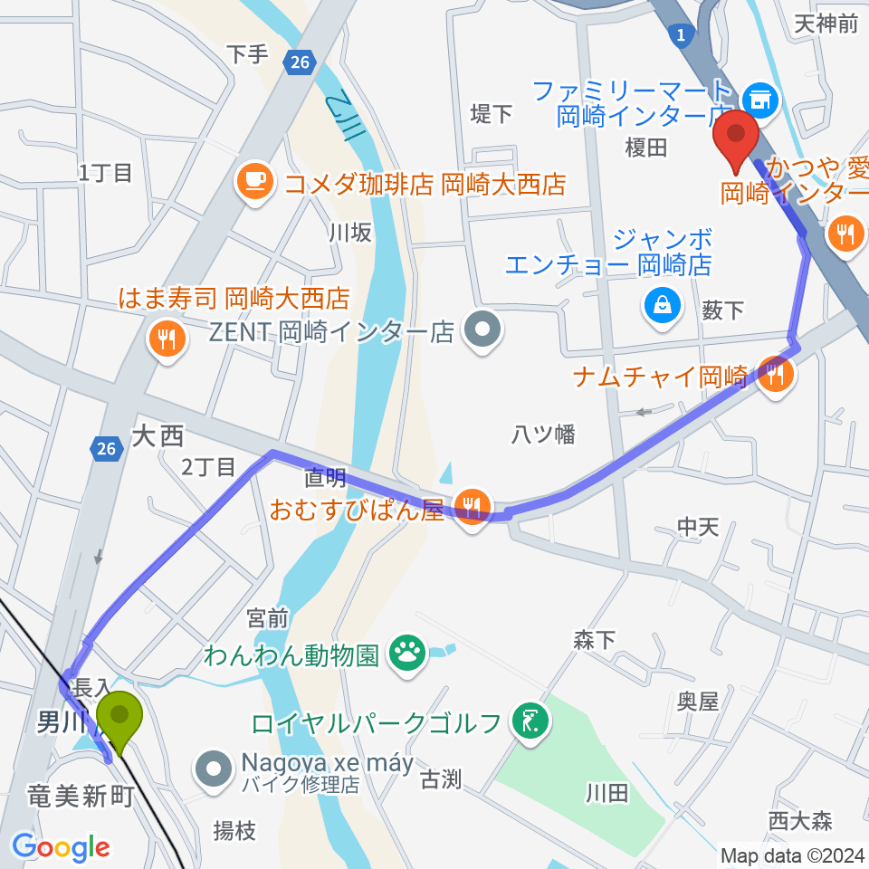 グランドギャラリー本社の最寄駅男川駅からの徒歩ルート（約15分）地図