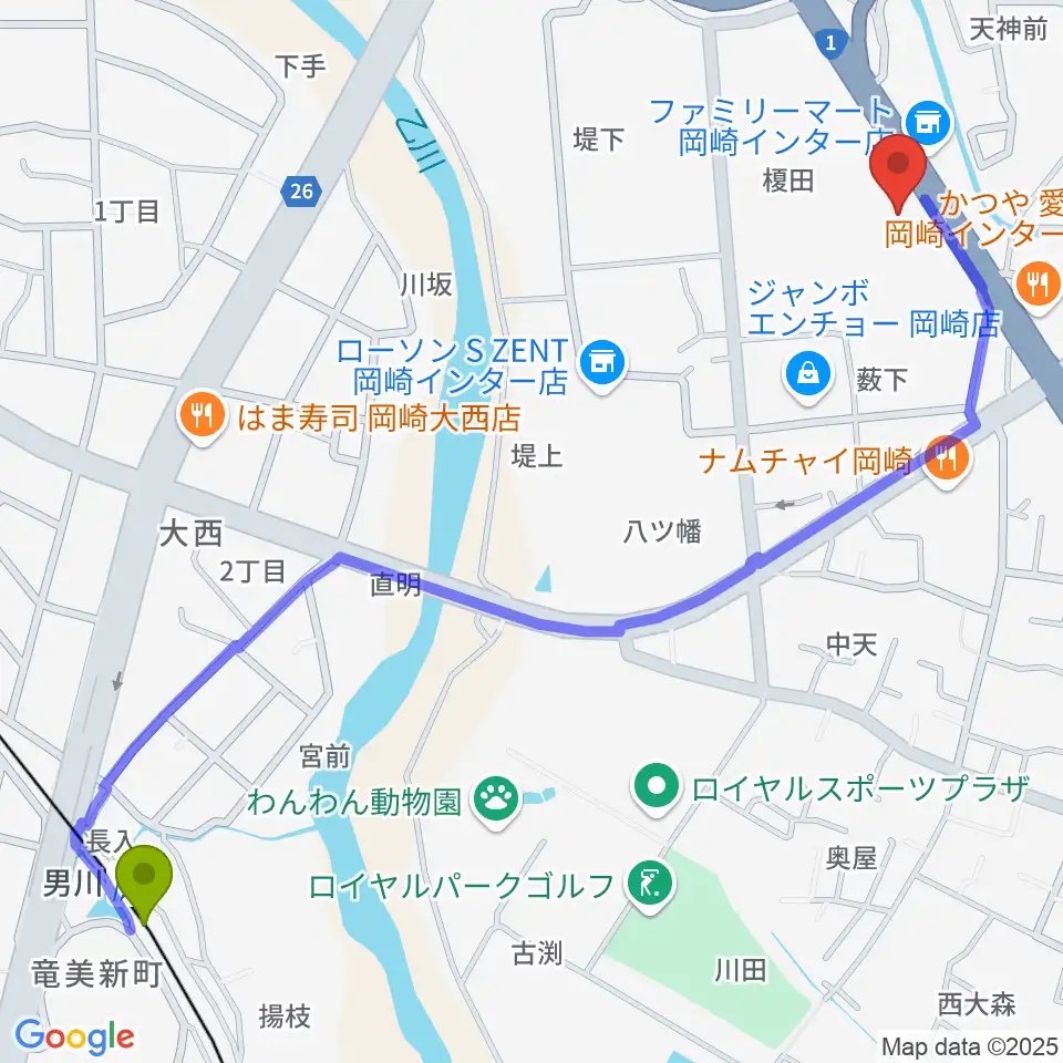 グランドギャラリー本社の最寄駅男川駅からの徒歩ルート（約15分）地図