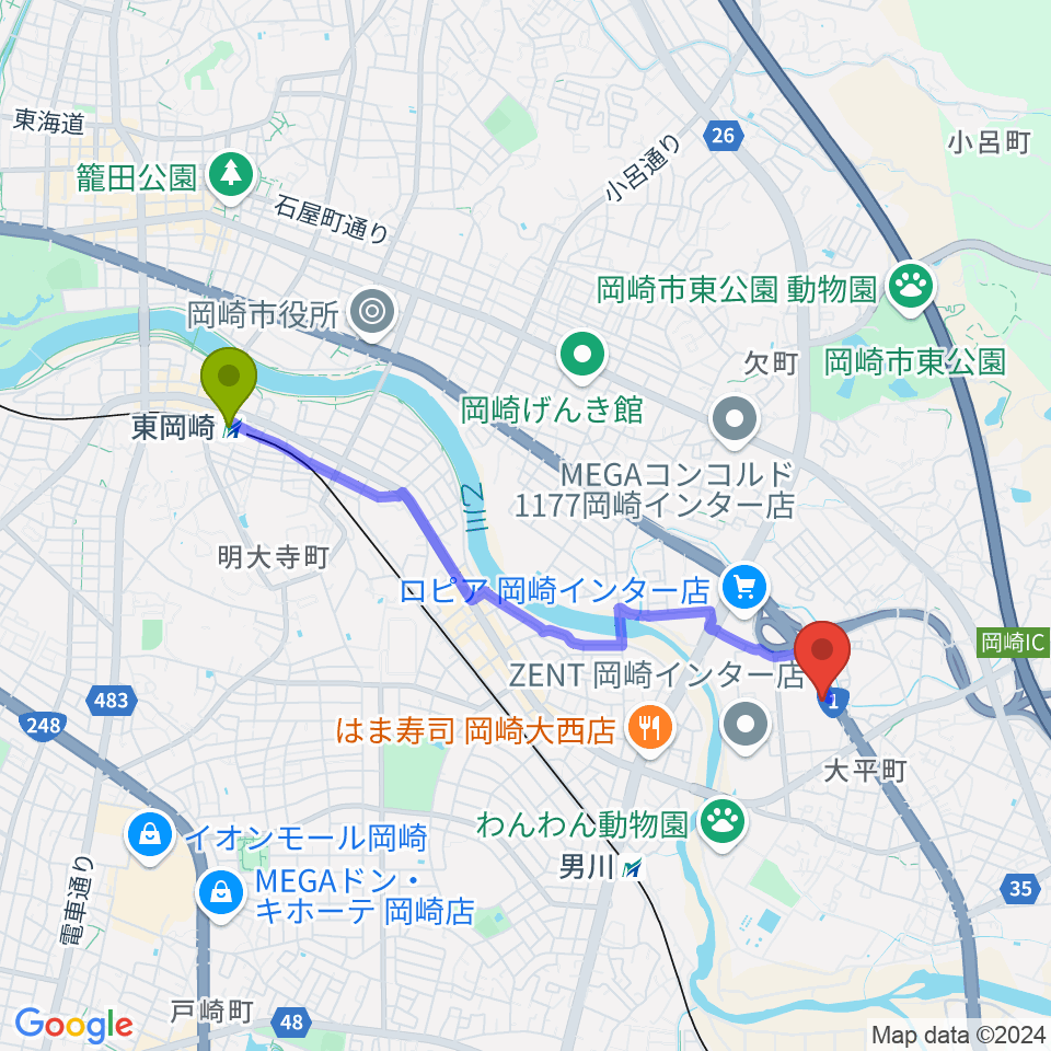 東岡崎駅からグランドギャラリー本社へのルートマップ地図
