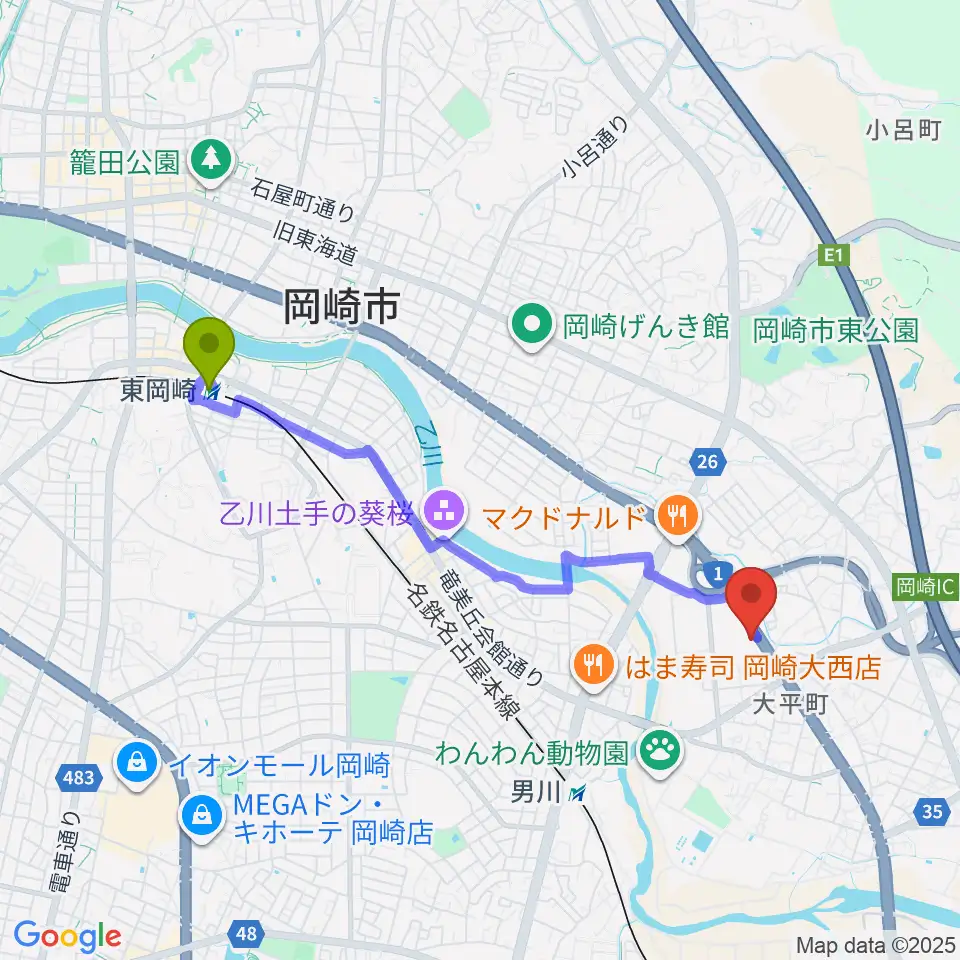 東岡崎駅からグランドギャラリー本社へのルートマップ地図
