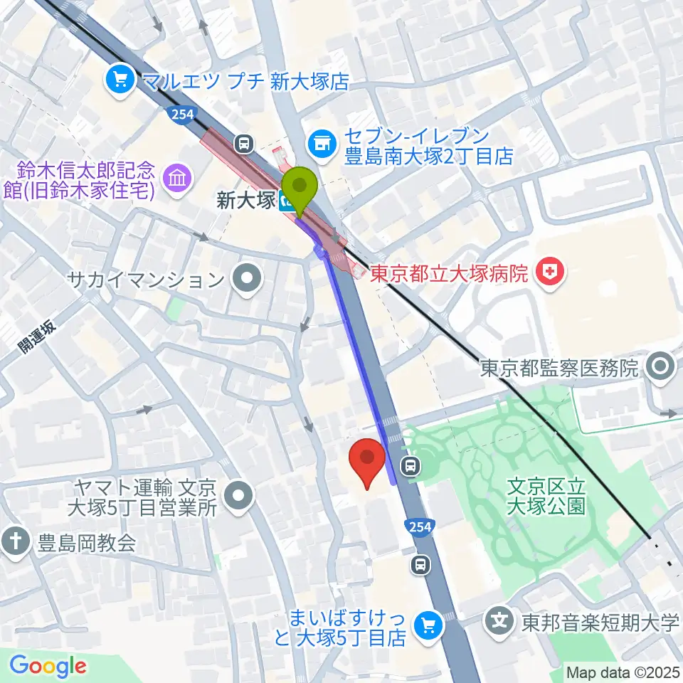 ギター工房 弦の最寄駅新大塚駅からの徒歩ルート（約3分）地図
