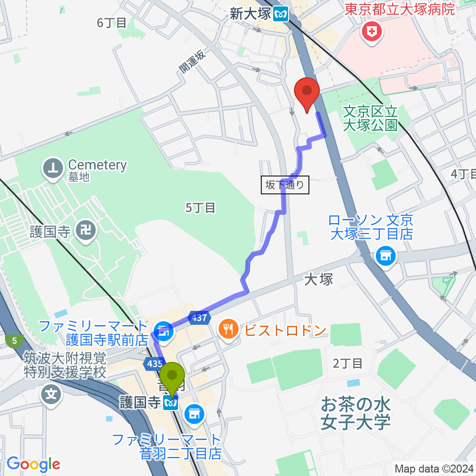 護国寺駅からギター工房 弦へのルートマップ地図