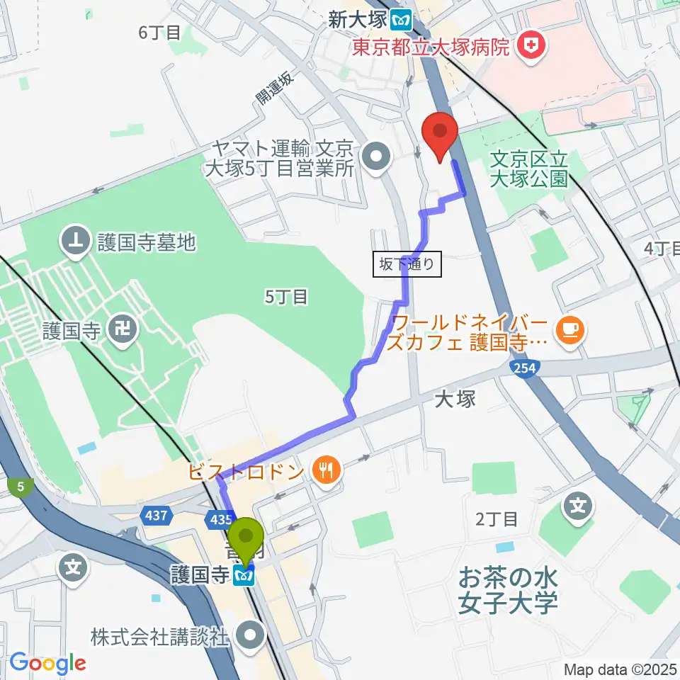 護国寺駅からギター工房 弦へのルートマップ地図