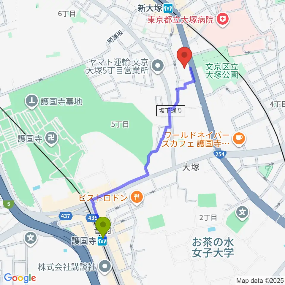 護国寺駅からギター工房 弦へのルートマップ地図