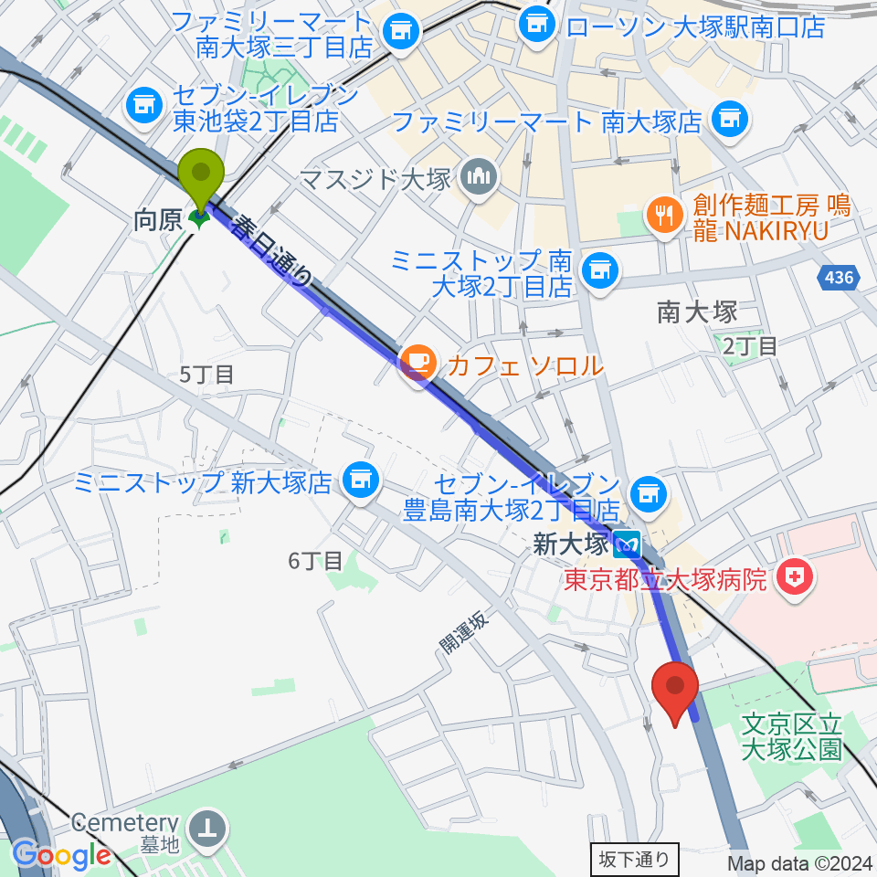 向原駅からギター工房 弦へのルートマップ地図