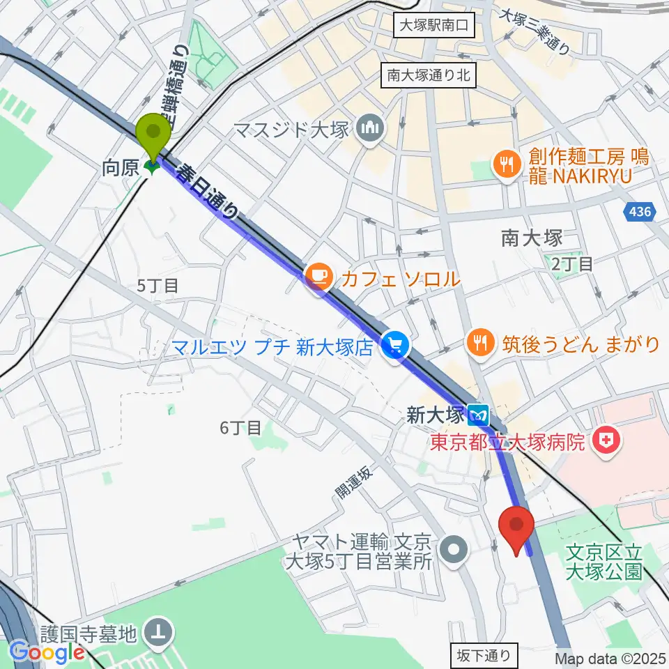 向原駅からギター工房 弦へのルートマップ地図