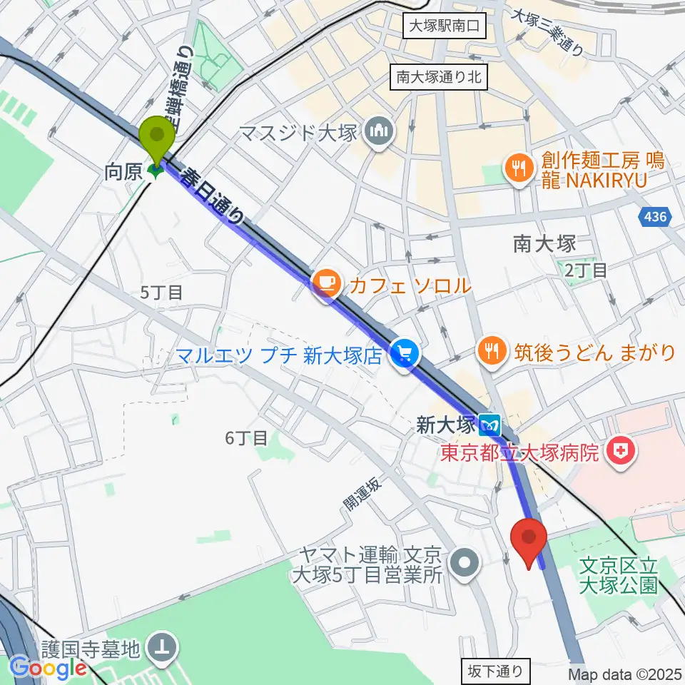 向原駅からギター工房 弦へのルートマップ地図