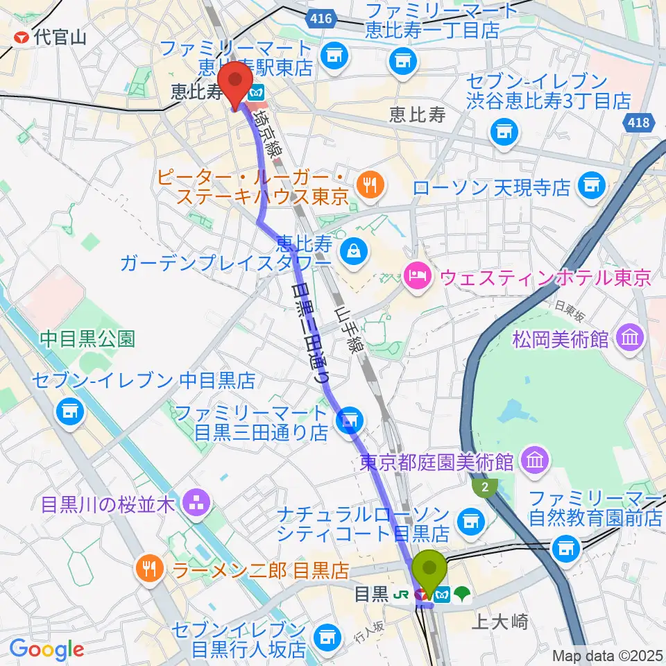 目黒駅からゴーシュ弦楽器へのルートマップ地図