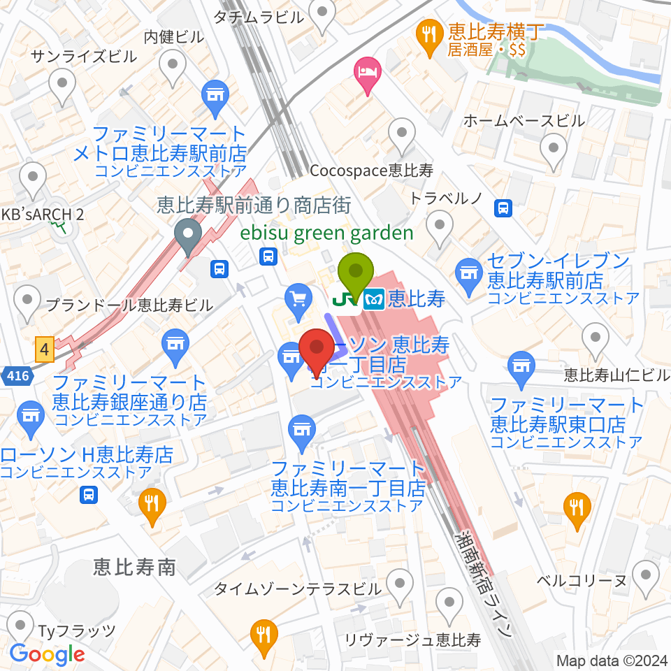 ゴーシュ弦楽器の最寄駅恵比寿駅からの徒歩ルート（約1分）地図