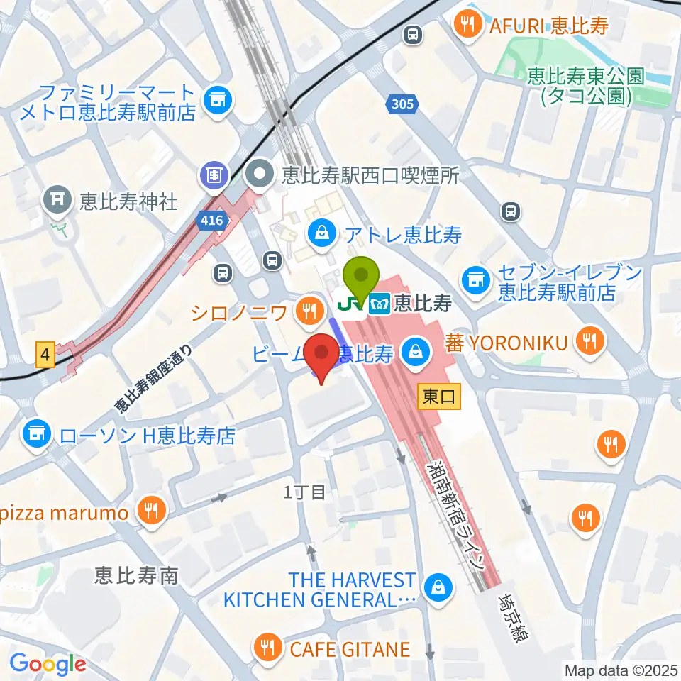 ゴーシュ弦楽器の最寄駅恵比寿駅からの徒歩ルート（約1分）地図