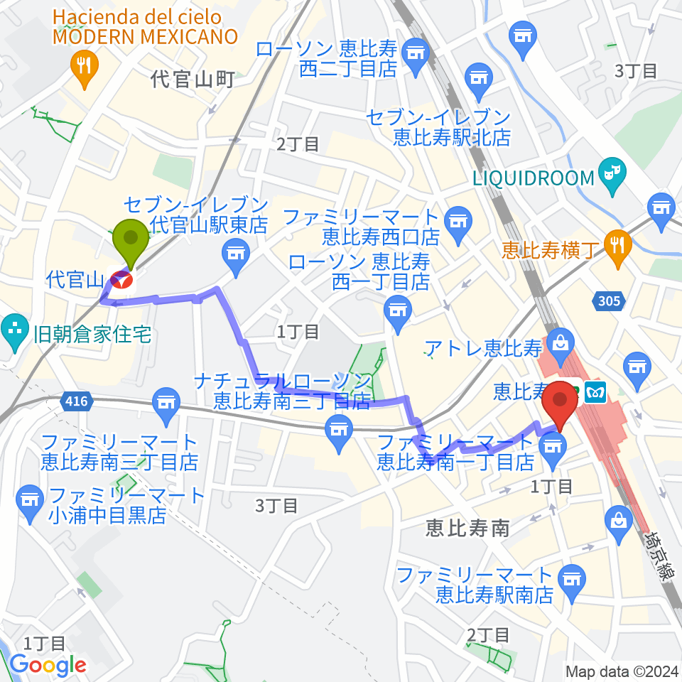 代官山駅からゴーシュ弦楽器へのルートマップ地図