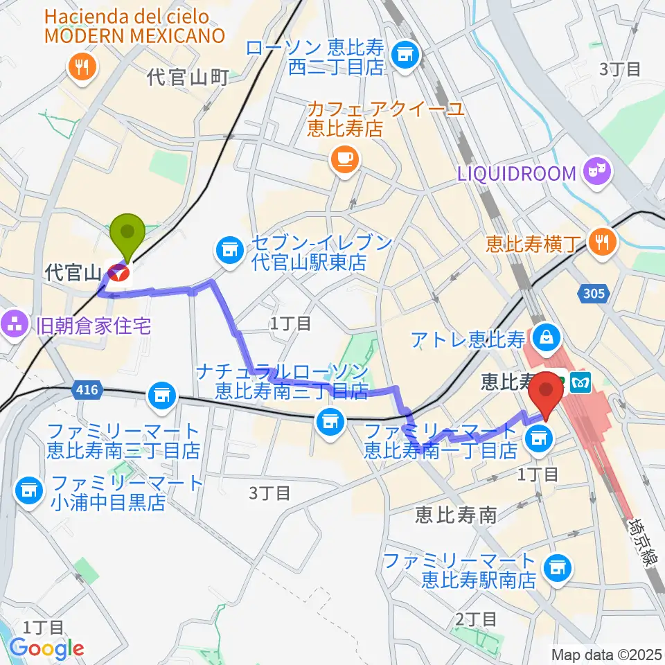 代官山駅からゴーシュ弦楽器へのルートマップ地図