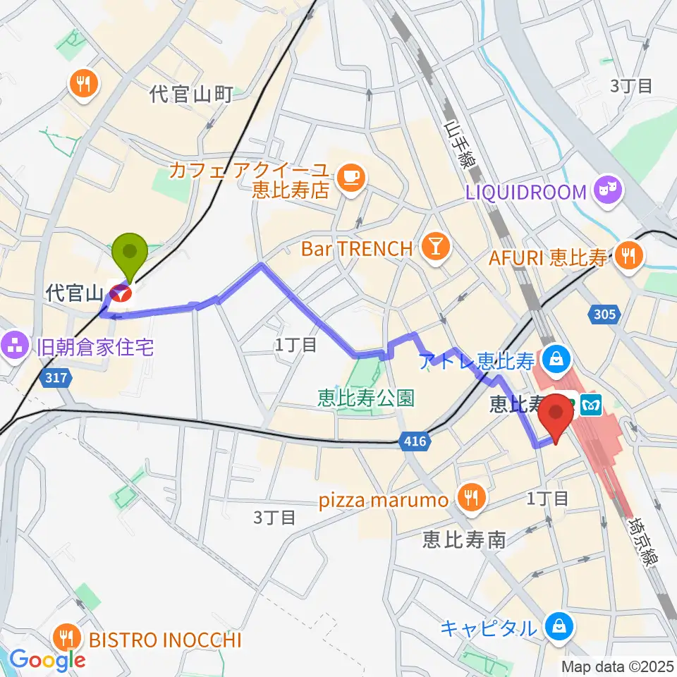 代官山駅からゴーシュ弦楽器へのルートマップ地図