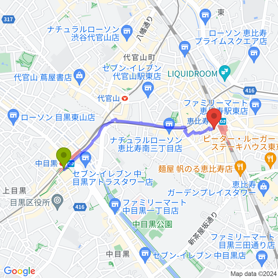 中目黒駅からゴーシュ弦楽器へのルートマップ地図