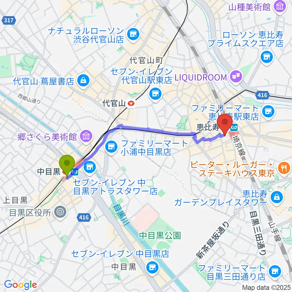 中目黒駅からゴーシュ弦楽器へのルートマップ地図