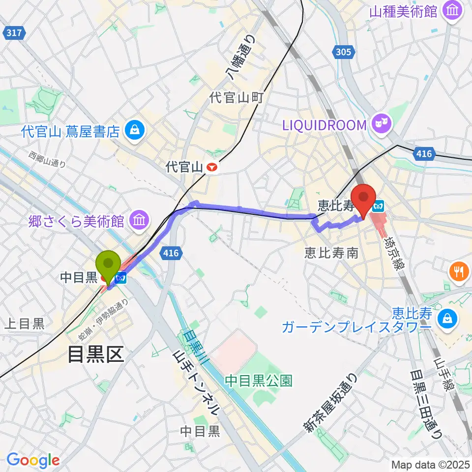 中目黒駅からゴーシュ弦楽器へのルートマップ地図