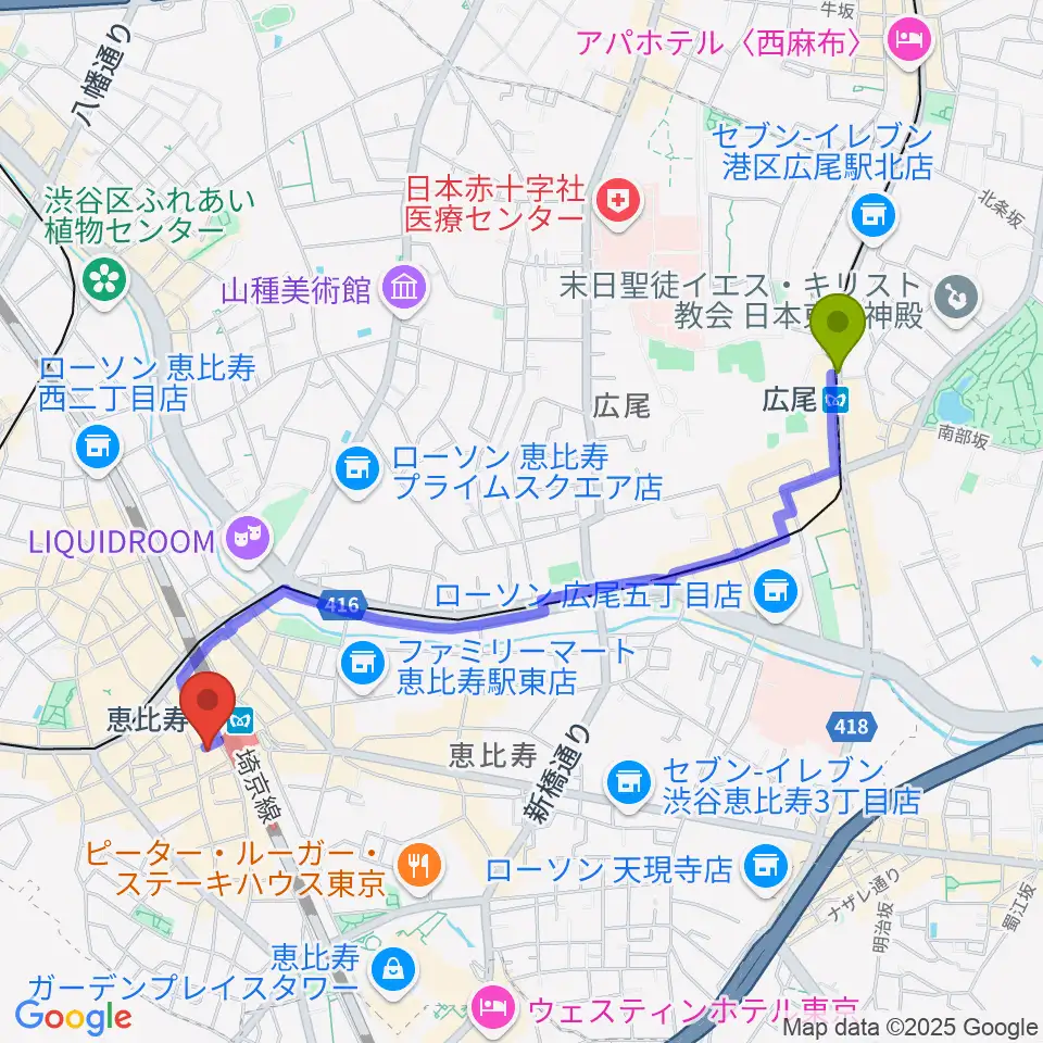 広尾駅からゴーシュ弦楽器へのルートマップ地図