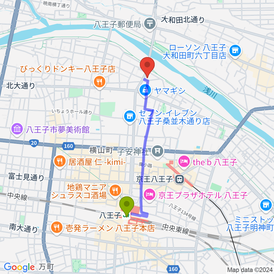 八王子駅からベヒシュタイン・ジャパン八王子・技術営業センターへのルートマップ地図