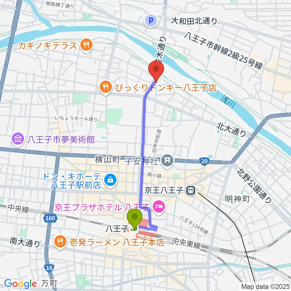 八王子駅からベヒシュタイン・ジャパン本社ショールームへのルートマップ地図