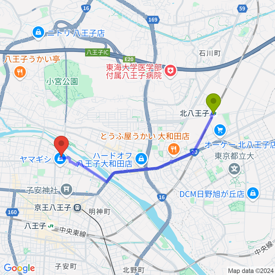 北八王子駅からベヒシュタイン・ジャパン八王子・技術営業センターへのルートマップ地図