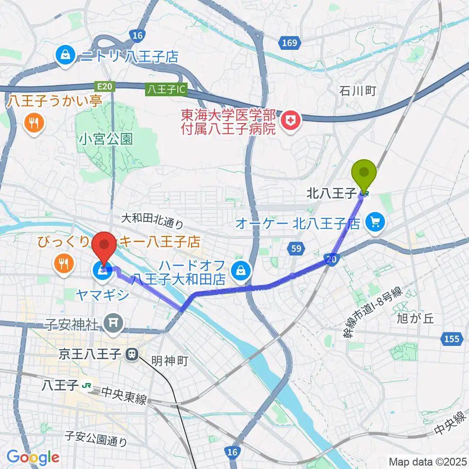 北八王子駅からベヒシュタイン・ジャパン本社 八王子・技術営業センターへのルートマップ地図