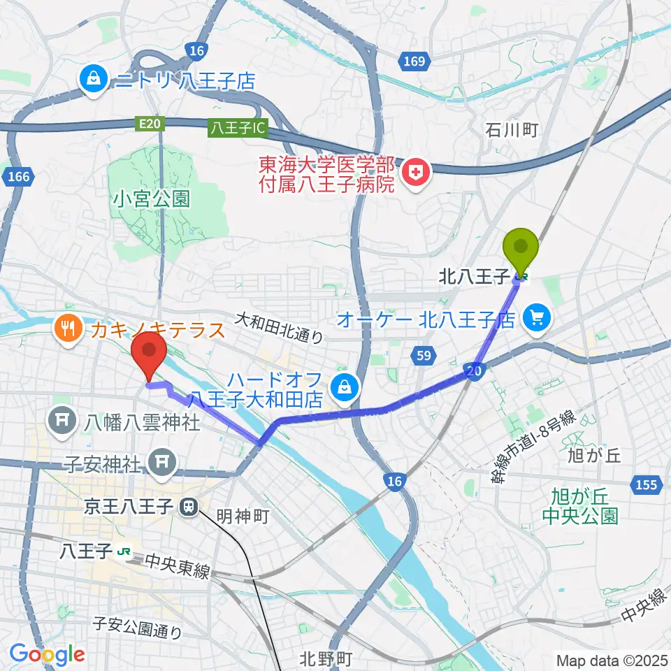 北八王子駅からベヒシュタイン・ジャパン本社ショールームへのルートマップ地図