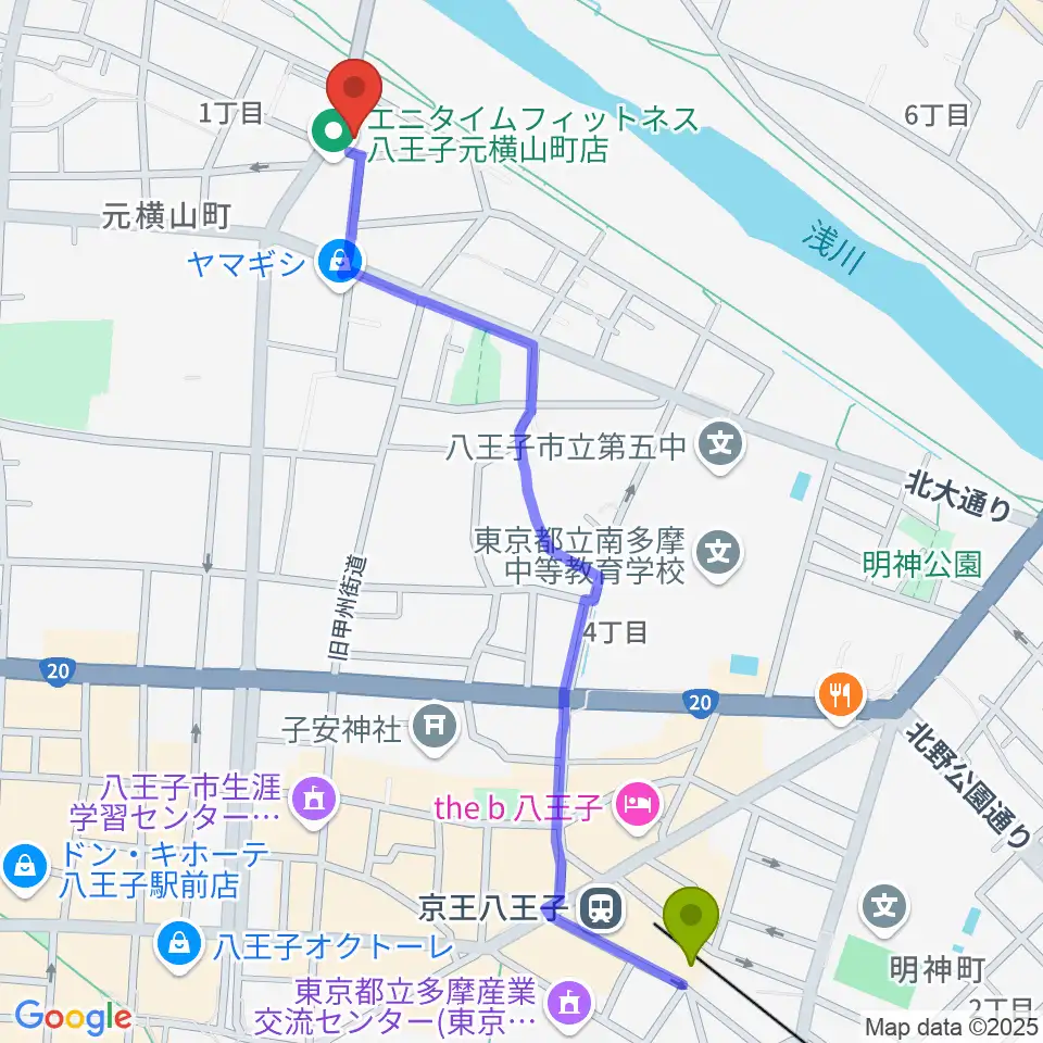 ベヒシュタイン・ジャパン本社ショールームの最寄駅京王八王子駅からの徒歩ルート（約13分）地図