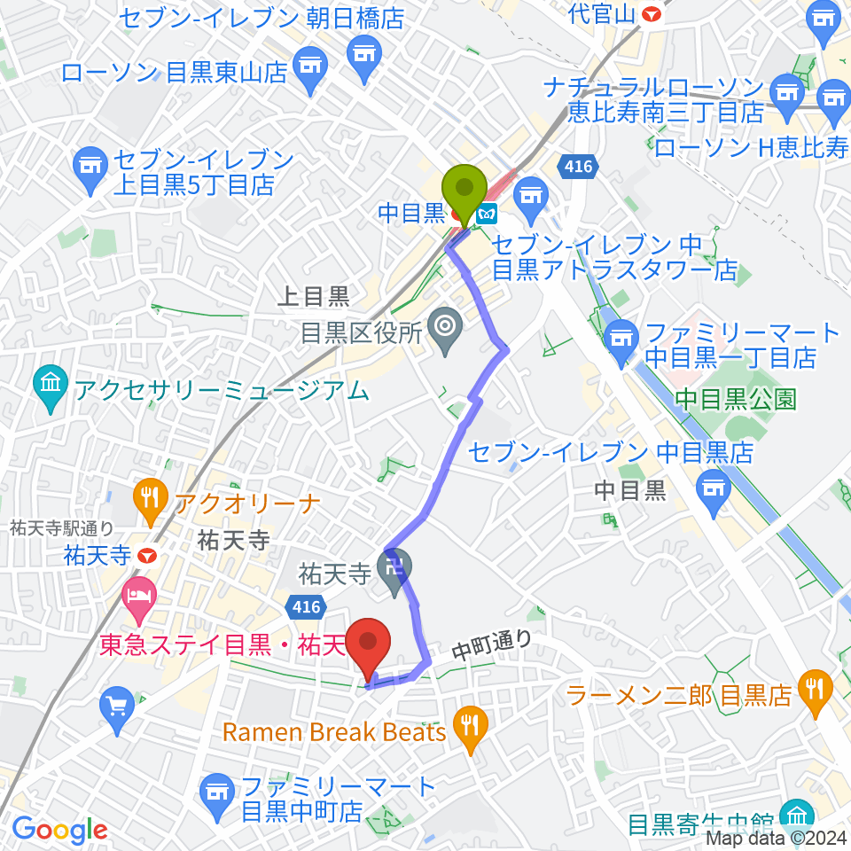 中目黒駅からエビスギャングへのルートマップ地図
