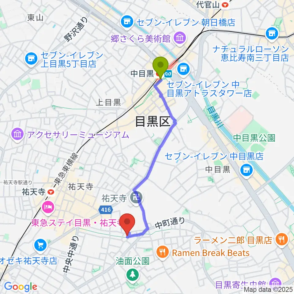 中目黒駅からエビスギャングへのルートマップ地図