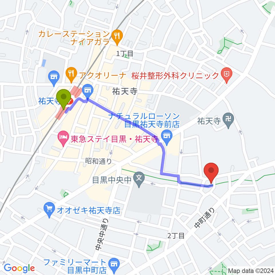 エビスギャングの最寄駅祐天寺駅からの徒歩ルート（約9分）地図