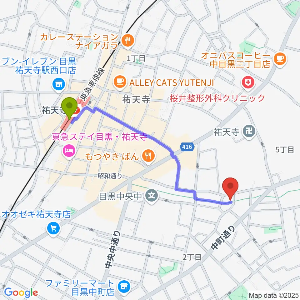 エビスギャングの最寄駅祐天寺駅からの徒歩ルート（約9分）地図