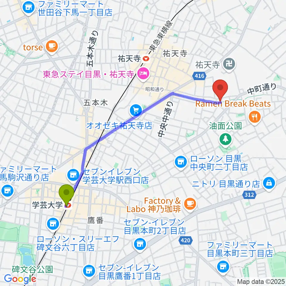 学芸大学駅からエビスギャングへのルートマップ地図
