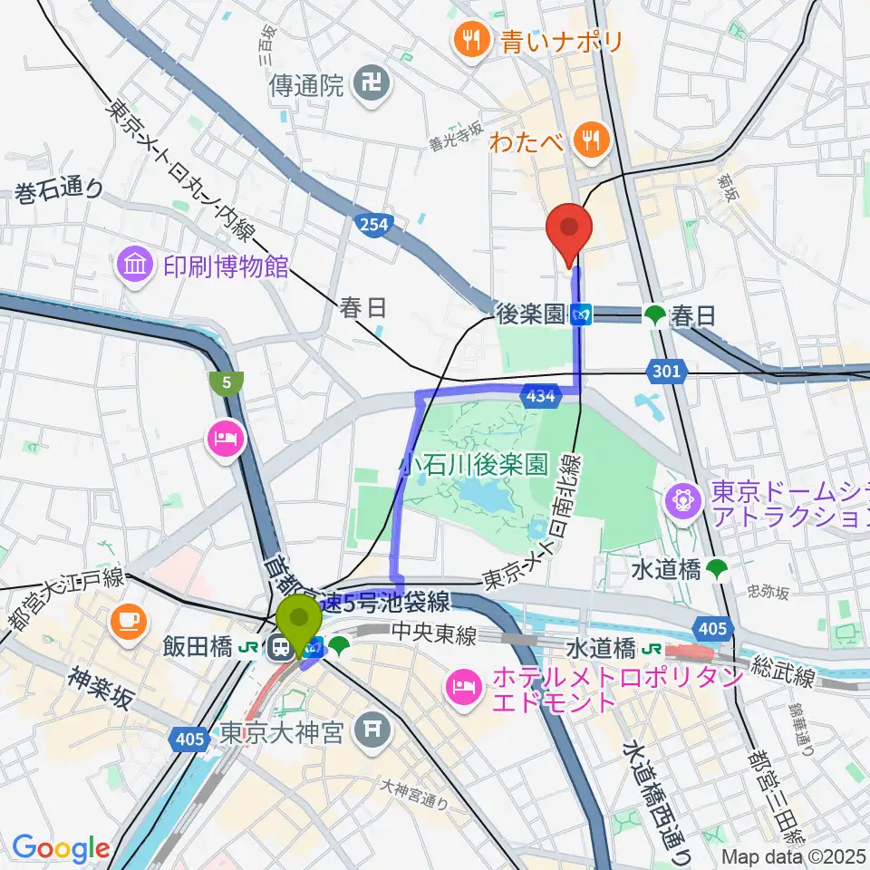 飯田橋駅から文京楽器へのルートマップ地図